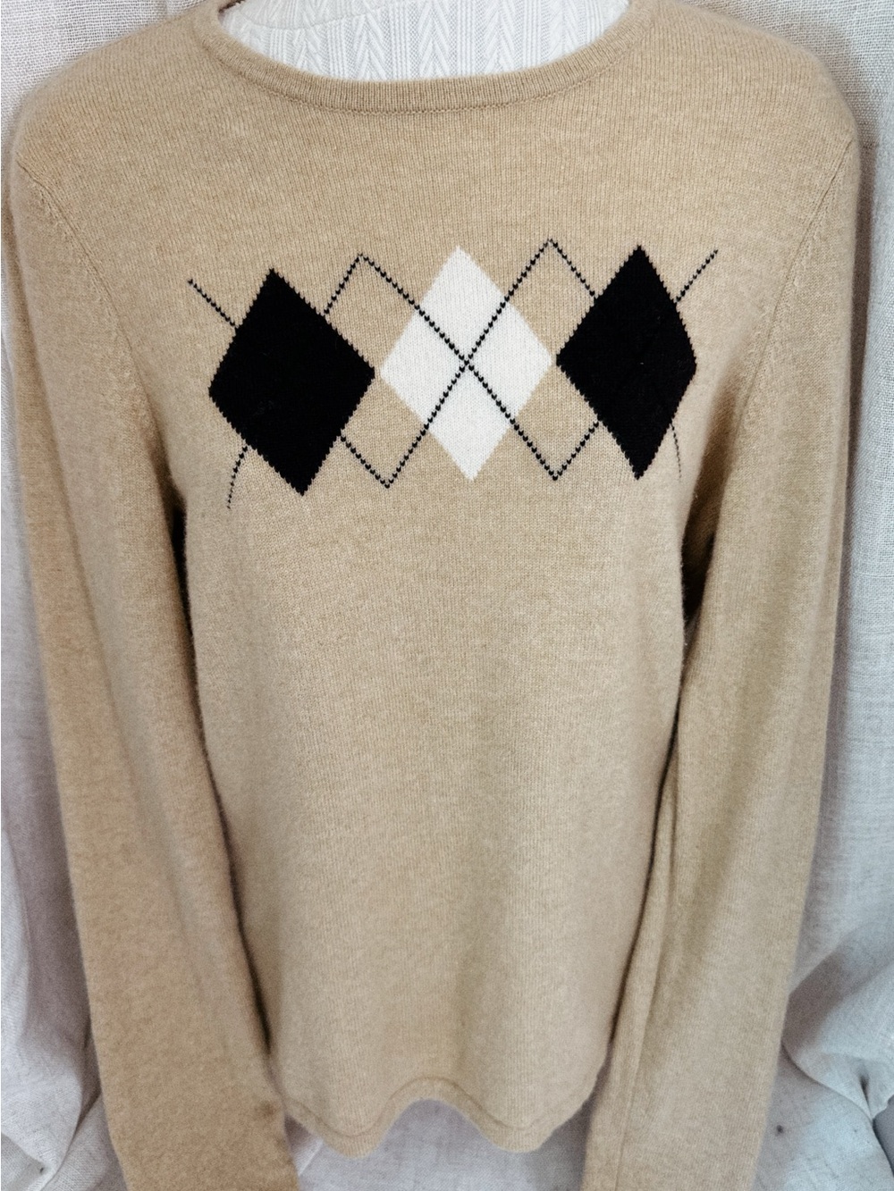 🤎🖤 Lands’ End 100% Cashmere Camel Heather Argyle Sweater • XS 🍂